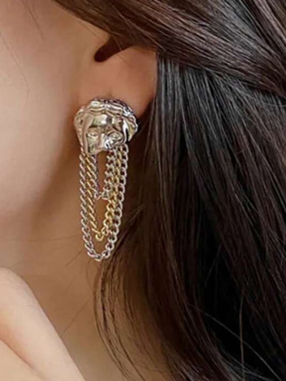 Two-Tone Silver and Gold Draped Face Chain Earrings